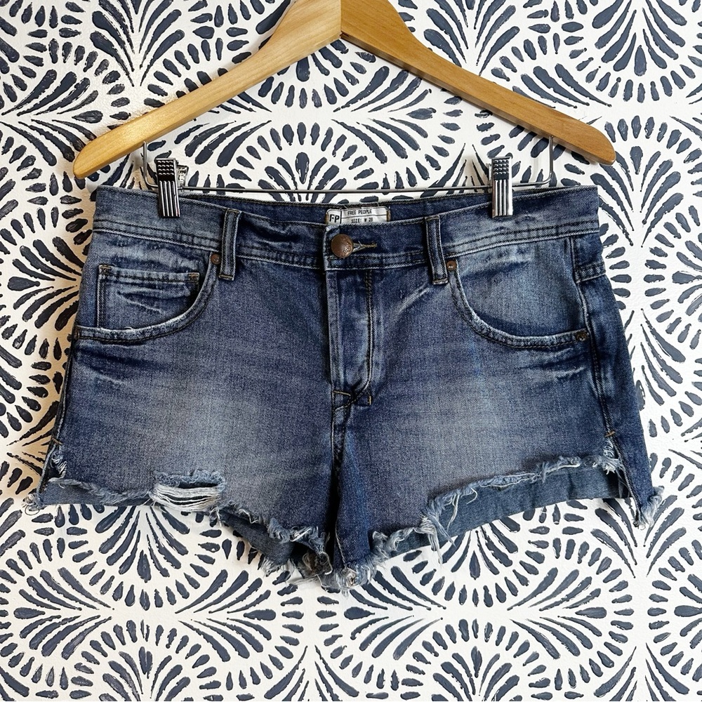 Free People Distressed Button Fly Denim Jean Shortie Shorts